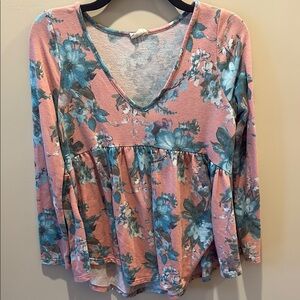 Floral V-Neck Women's Top - Pink and Blue